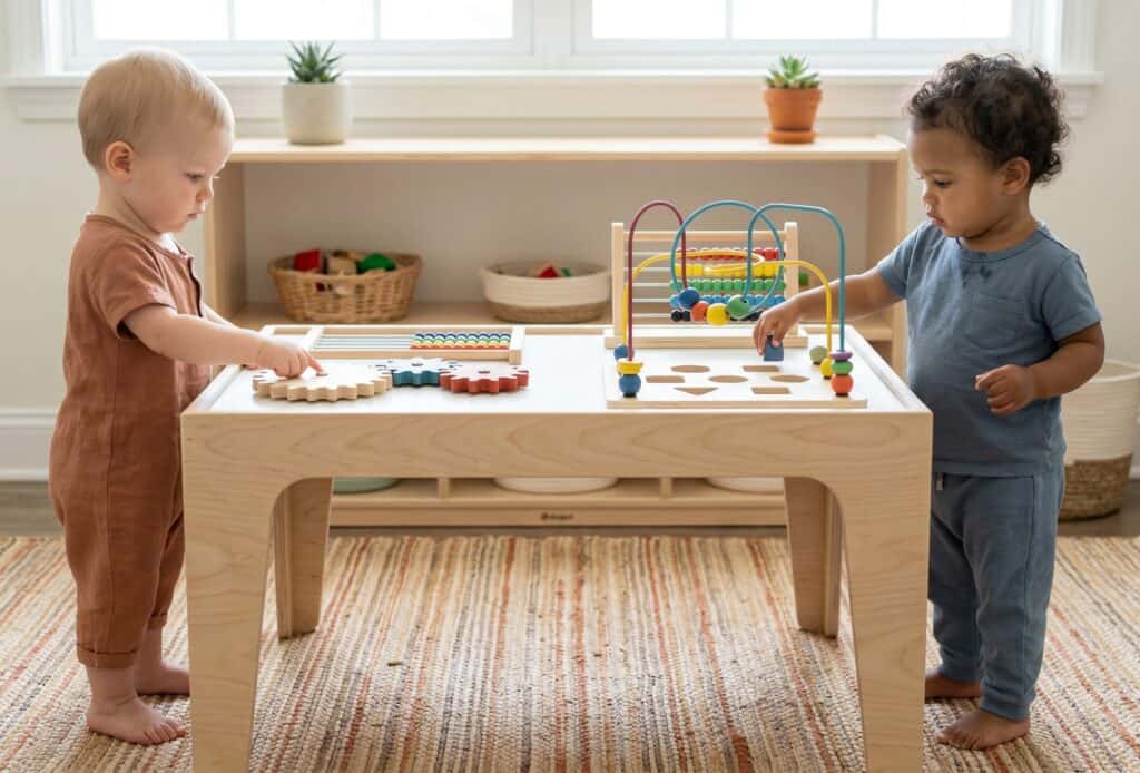 Two toddlers standing on opposite sides of a wooden activity table engaged in parallel play, one spinning gears and the other pushing beads along a wire track in a bright organized playroom