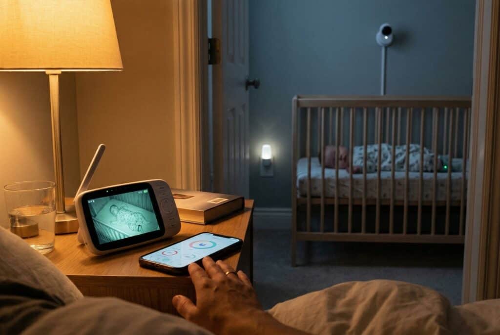 Parent's bedside table showing a baby monitor displaying a night-vision feed of a sleeping baby with a smartphone wellness app beside it and the softly glowing nursery camera visible through an open doorway