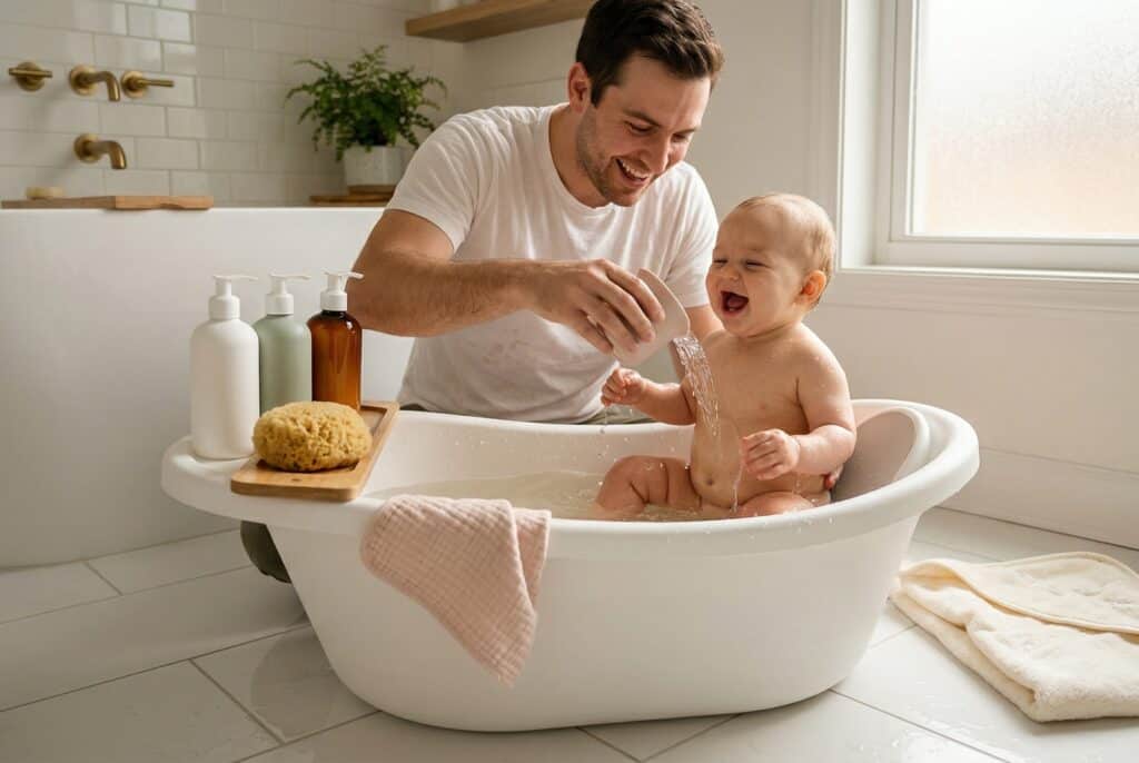 Father kneeling beside a modern baby bath tub pouring water over his laughing baby's belly in a bright naturally lit bathroom with gentle baby wash bottles and a hooded towel nearby