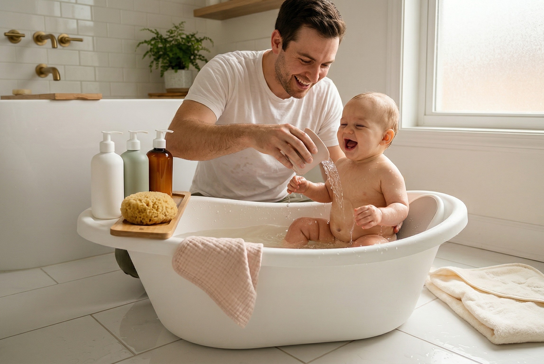 Father kneeling beside a modern baby bath tub pouring water over his laughing baby's belly in a bright naturally lit bathroom with gentle baby wash bottles and a hooded towel nearby