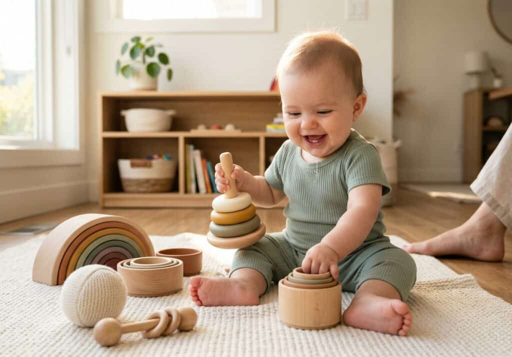Happy baby sitting independently on a cream play mat surrounded by wooden developmental toys including a ring stacker and nesting cups in a sunlit living room with a Montessori shelf in the background