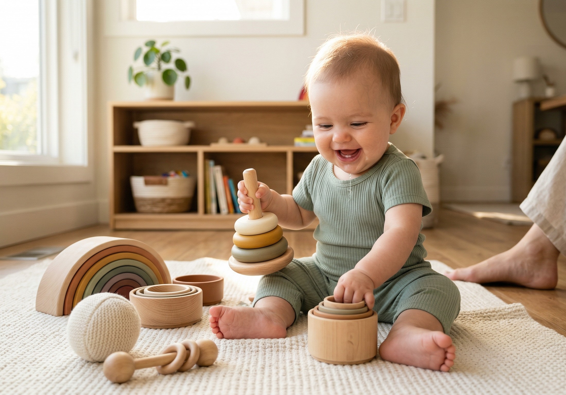 Happy baby sitting independently on a cream play mat surrounded by wooden developmental toys including a ring stacker and nesting cups in a sunlit living room with a Montessori shelf in the background