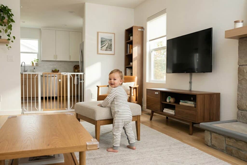 Toddler standing confidently in a stylish babyproofed living room with a safety gate across the kitchen doorway, corner bumpers on the coffee table, furniture anchors, and outlet covers visible throughout