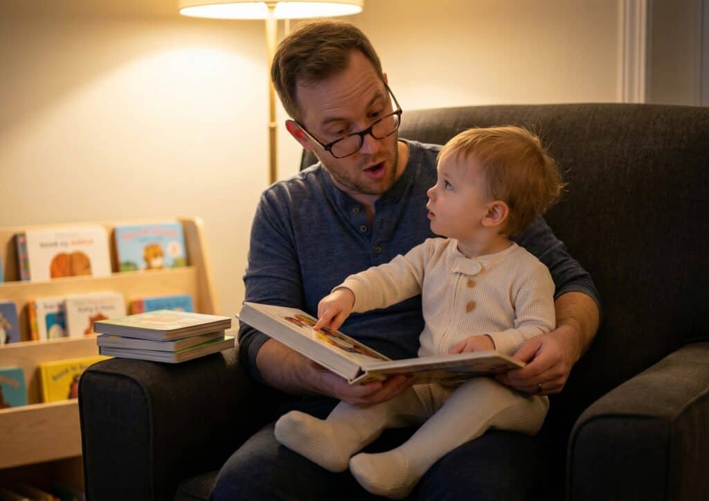 Father sitting in an armchair with his toddler on his lap during bedtime reading, the child pointing at a board book illustration while looking up at the father's face, with a forward-facing book display shelf glowing in warm lamplight behind them