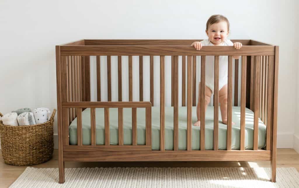 Baby standing in a solid walnut convertible crib gripping the top rail and grinning with two bottom teeth showing in a bright modern nursery with the mattress set to the lowest position and no objects inside the crib
