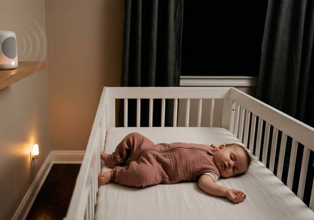 Peaceful nursery at bedtime with a baby sleeping in a TOG-rated sleep sack in a crib beneath a white noise machine glowing amber on a wall shelf, blackout curtains fully drawn, and a soft amber nightlight near the floor