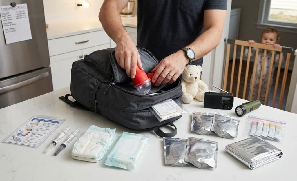 Parent's hands packing a baby emergency go-bag on a kitchen counter surrounded by organized supplies including a choking rescue device, emergency radio, flashlight, formula packets, and a waterproof document pouch