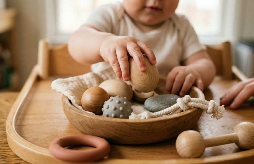 Close-up of a baby's hands using a pincer grasp to pick up a smooth wooden egg from a bowl of sensory objects including textured balls and fabric pieces in a sunlit kitchen
