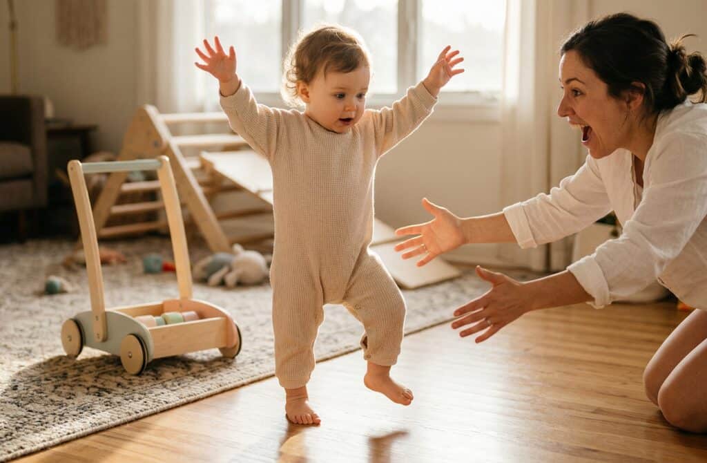 Toddler taking their first unassisted steps across a living room with arms raised for balance and a look of intense concentration while the mother kneels ahead with outstretched arms and a wooden push walker sits abandoned behind