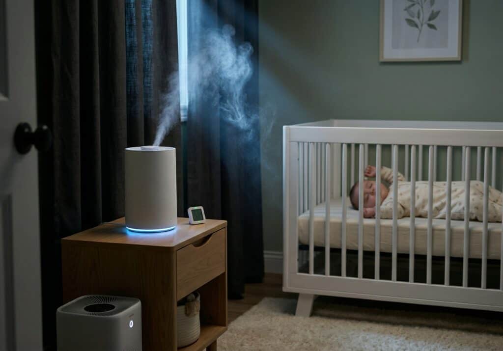 Cool mist humidifier producing a gentle stream of visible mist on a nursery nightstand beside a crib where a baby sleeps peacefully at night with soft moonlight illuminating the vapor