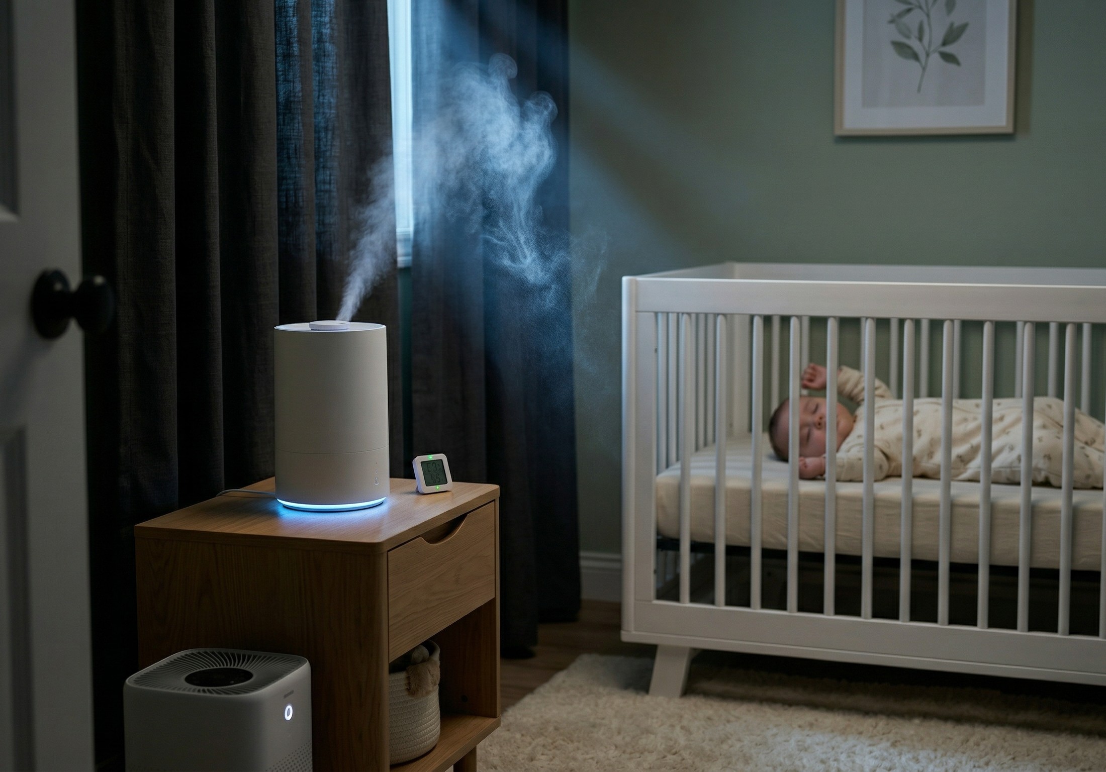 Cool mist humidifier producing a gentle stream of visible mist on a nursery nightstand beside a crib where a baby sleeps peacefully at night with soft moonlight illuminating the vapor