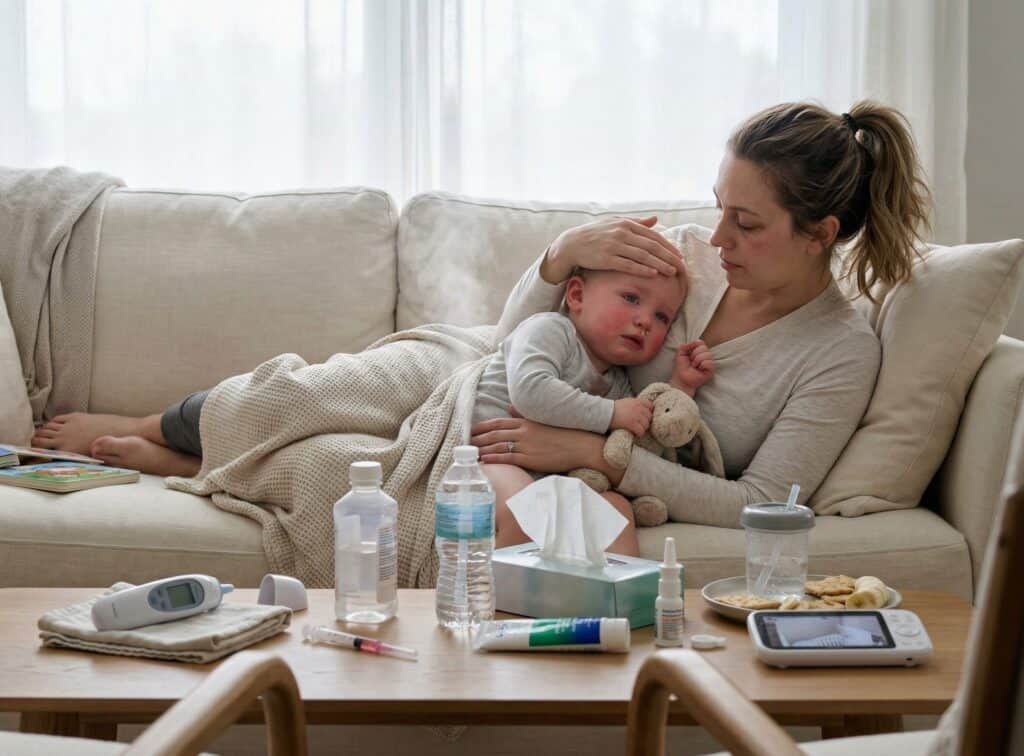 Mother reclined on a cozy sofa holding her sick toddler with flushed cheeks against her chest while a thermometer, electrolyte solution, medicine syringe, humidifier, and tissues sit within reach on the coffee table