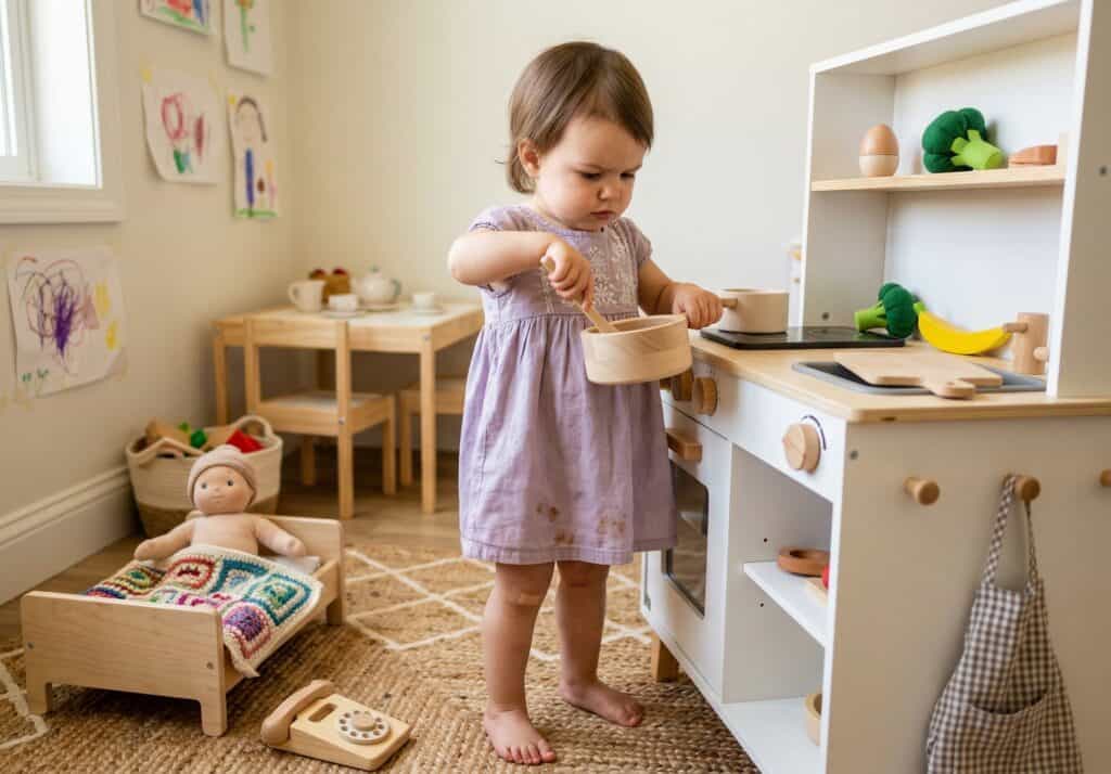 Toddler standing at a small wooden play kitchen stirring a pot with a wooden spoon with a serious chef expression, a baby doll tucked into a tiny bed nearby and a toy tea set arranged on a small table in the background