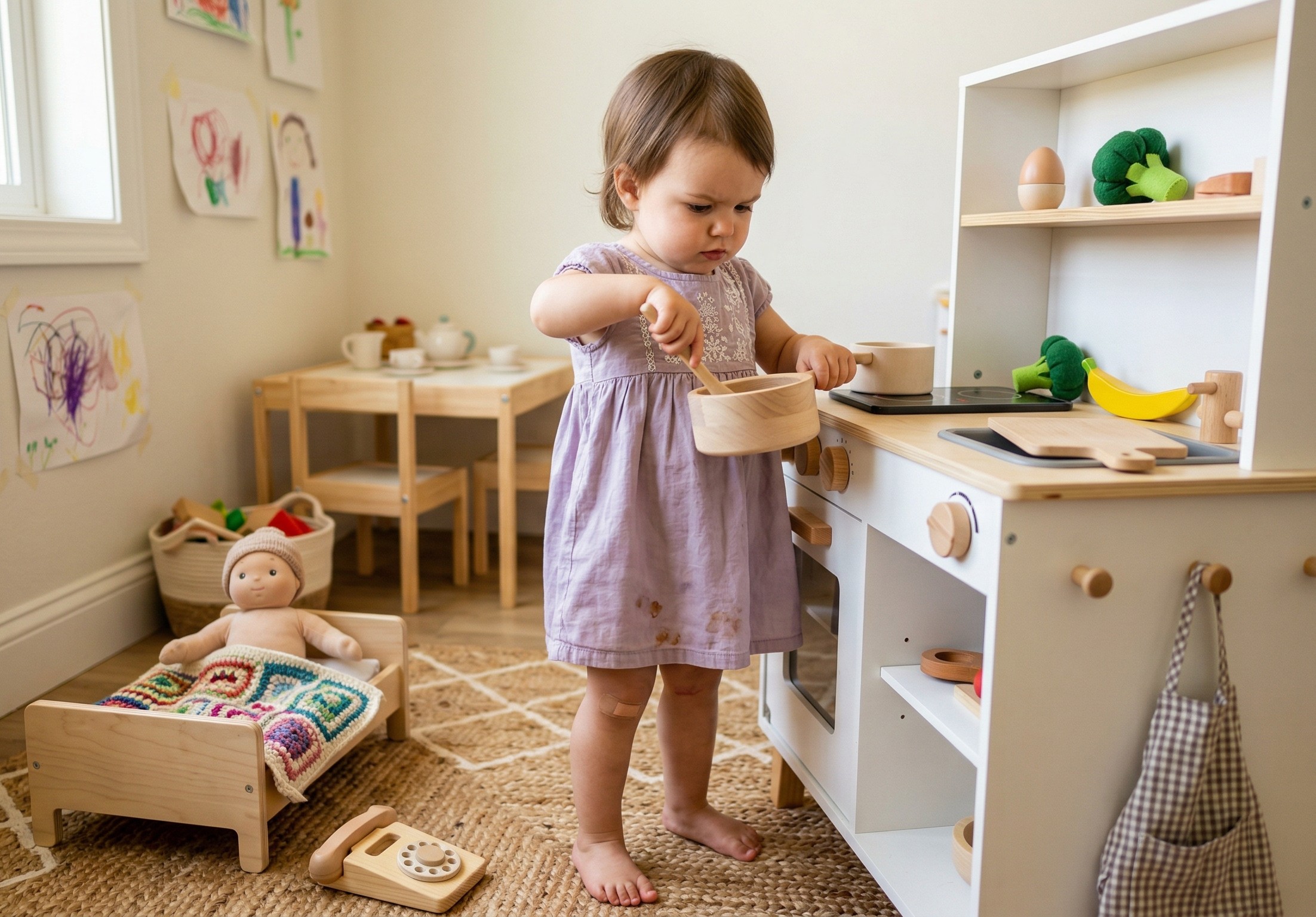 Toddler standing at a small wooden play kitchen stirring a pot with a wooden spoon with a serious chef expression, a baby doll tucked into a tiny bed nearby and a toy tea set arranged on a small table in the background