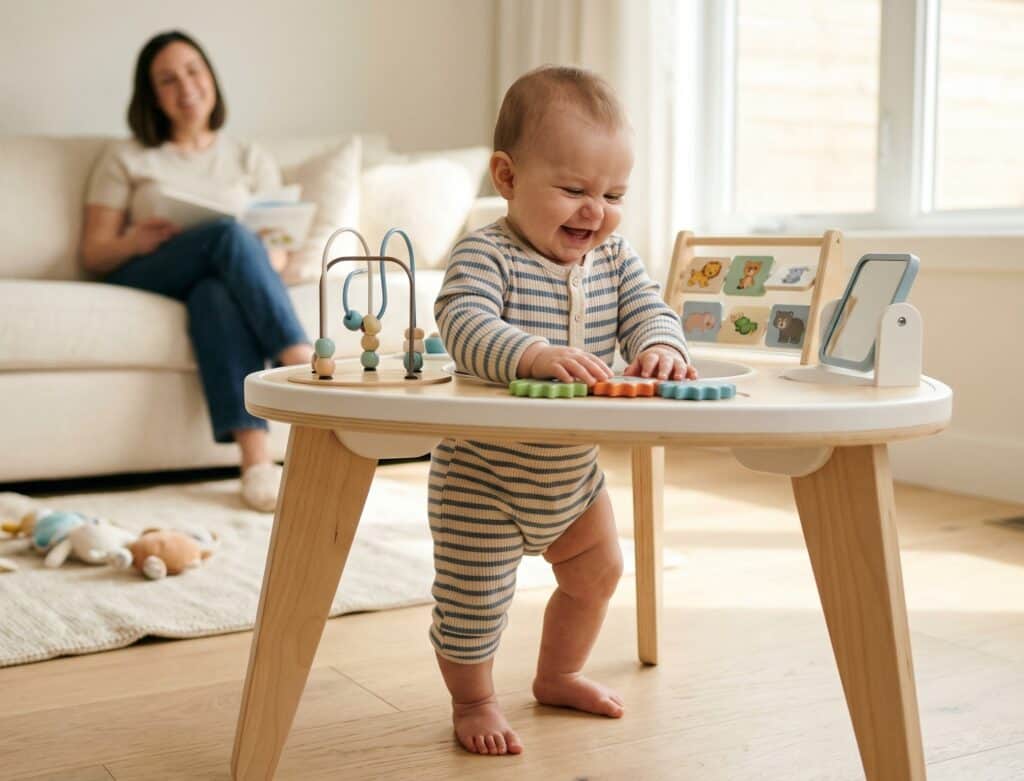 Smiling baby standing in a modern wooden stationary activity center with feet flat on the floor in proper hip-healthy position spinning gears on the activity tray while a parent watches from the sofa