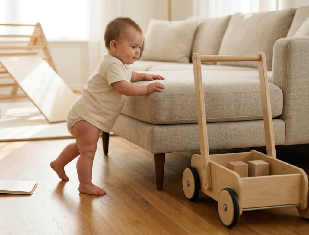 Baby cruising sideways along a low sofa gripping the cushion edge with one foot lifted mid-step, looking toward a weighted wooden push walker at the end of the sofa with a Pikler climbing triangle visible in the background