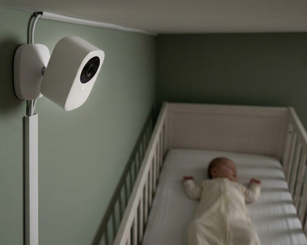 Wall-mounted baby camera in matte white installed in the upper corner of a nursery aimed down toward a crib with a sleeping baby, showing the power cable neatly routed along the wall behind a cord cover channel