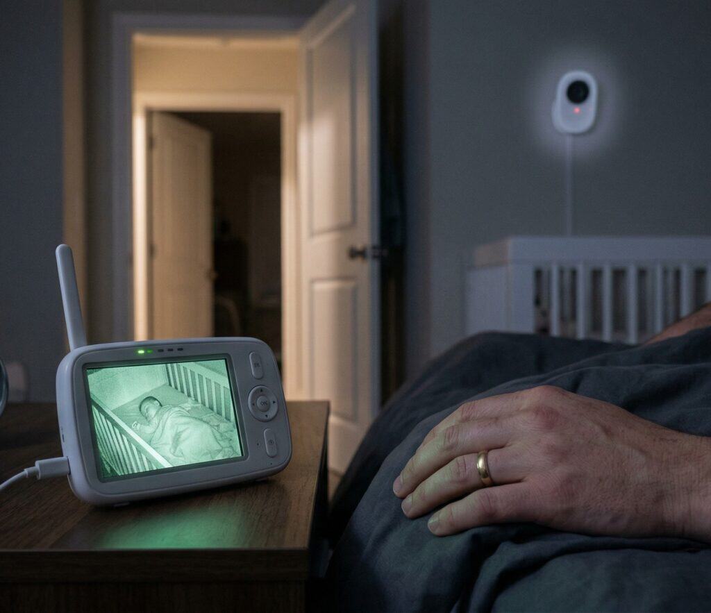 Parent's hand holding a baby monitor displaying a night-vision feed of a sleeping baby while sitting in bed at 2:47 AM with the actual nursery camera LED visible through an open hallway door in the background