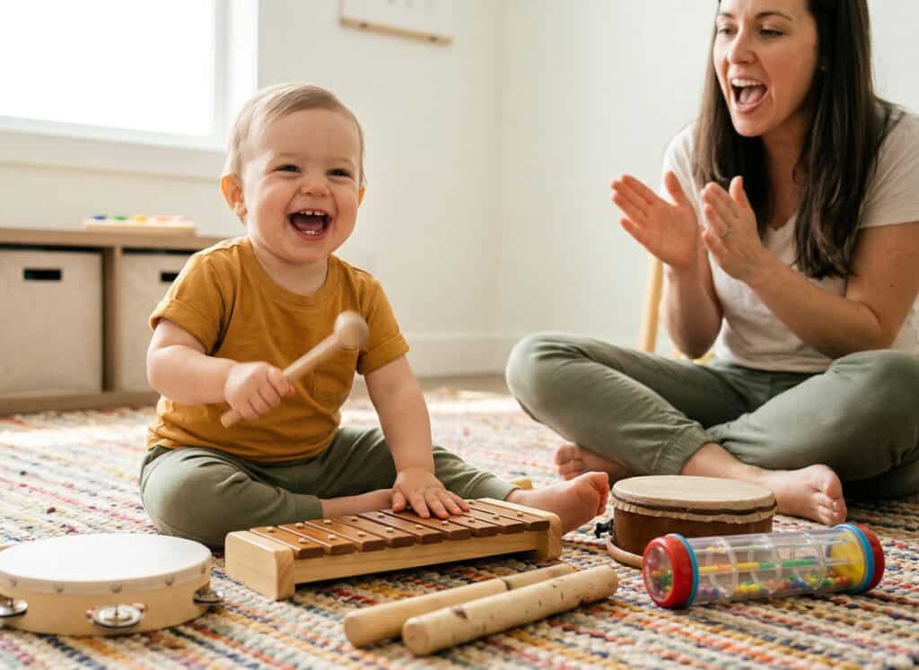 Joyful toddler sitting on a colorful woven rug banging a wooden xylophone with a mallet while surrounded by baby-safe instruments including a tambourine, egg shaker, rhythm sticks, and a rain stick as the mother claps along
