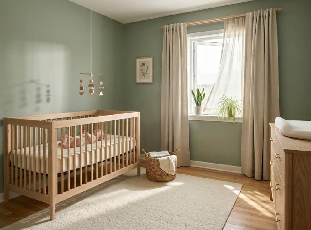 Bright modern nursery designed with all natural non-toxic materials including an unfinished oak crib, organic cotton bedding, zero-VOC sage green walls, linen curtains, and air-purifying plants on the windowsill