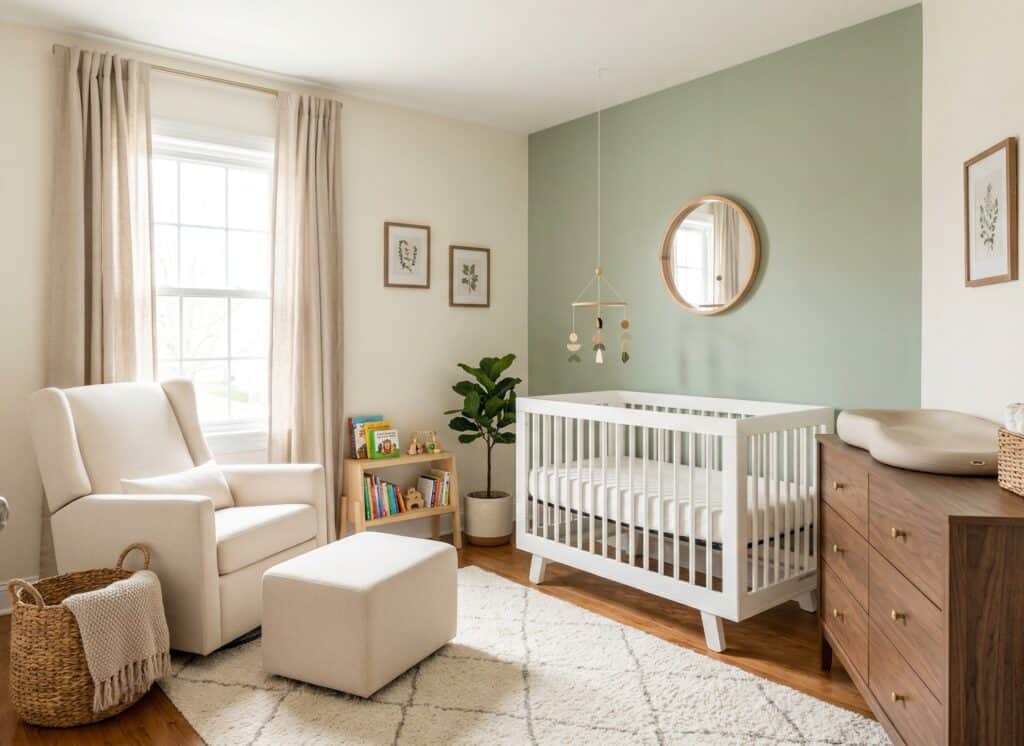 Fully styled modern nursery viewed from the doorway showing a cream upholstered glider, walnut dresser with changing pad, white convertible crib with wooden mobile, sage green accent wall, and a fiddle leaf fig in the corner