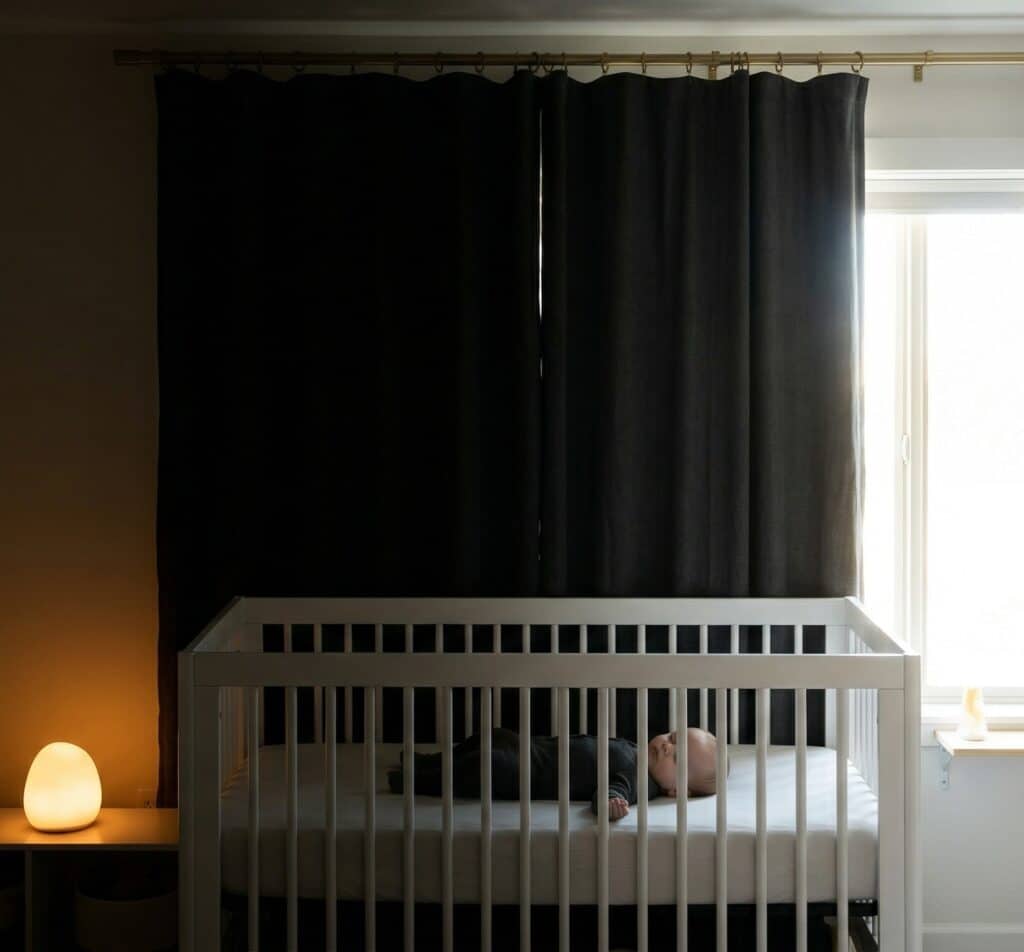 Nursery window showing a dramatic contrast between heavy charcoal blackout curtains drawn closed on one side creating total darkness where a baby sleeps and the opposite panel pulled back revealing bright afternoon sunlight