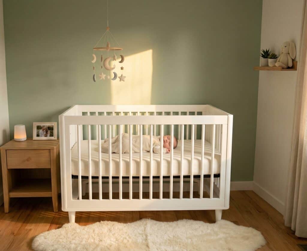 Serene modern nursery at golden hour with a white convertible crib against a sage green wall, a baby sleeping safely on their back in a sleep sack on a firm fitted sheet with a wooden mobile overhead and warm sunlight streaming through linen curtains