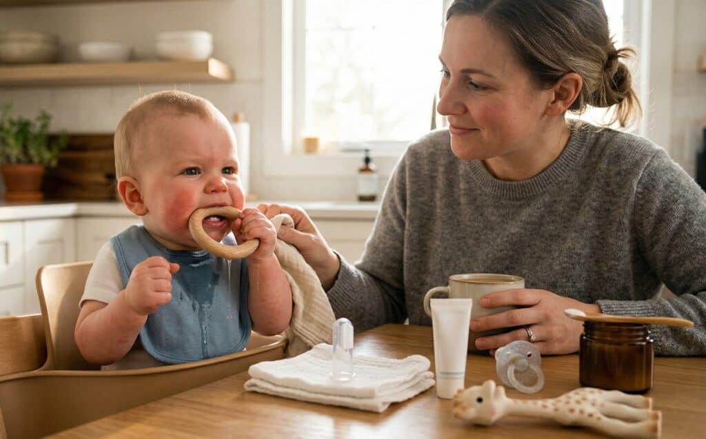 Baby in a high chair enthusiastically chewing a wooden teething ring with drool on their chin while the mother looks on with a gentle smile and infant oral care items sit on the kitchen table nearby