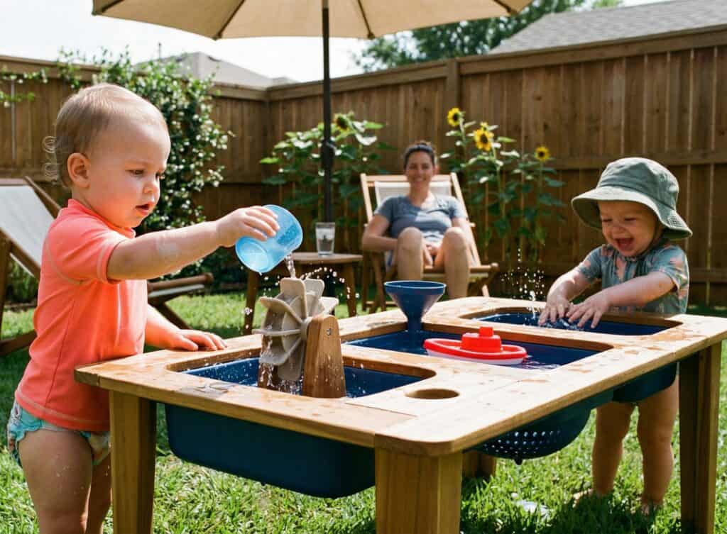 Two toddlers standing at a colorful water table in a sunny backyard, one pouring water onto a spinning water wheel with fascinated wide eyes while water droplets glisten on bare arms in the bright summer sunlight