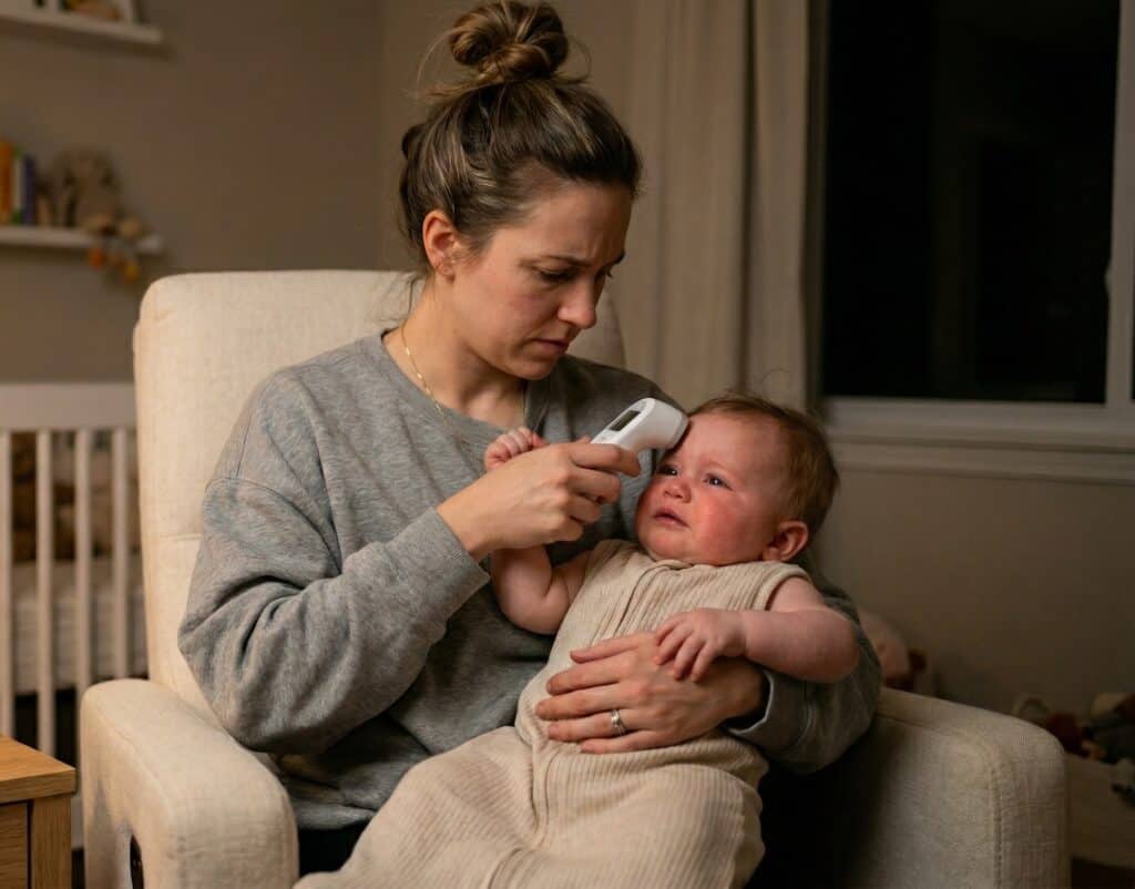 Mother sitting in a nursery glider at night calmly checking her fussy baby's temperature with a digital forehead thermometer under warm lamplight with a first aid kit nearby