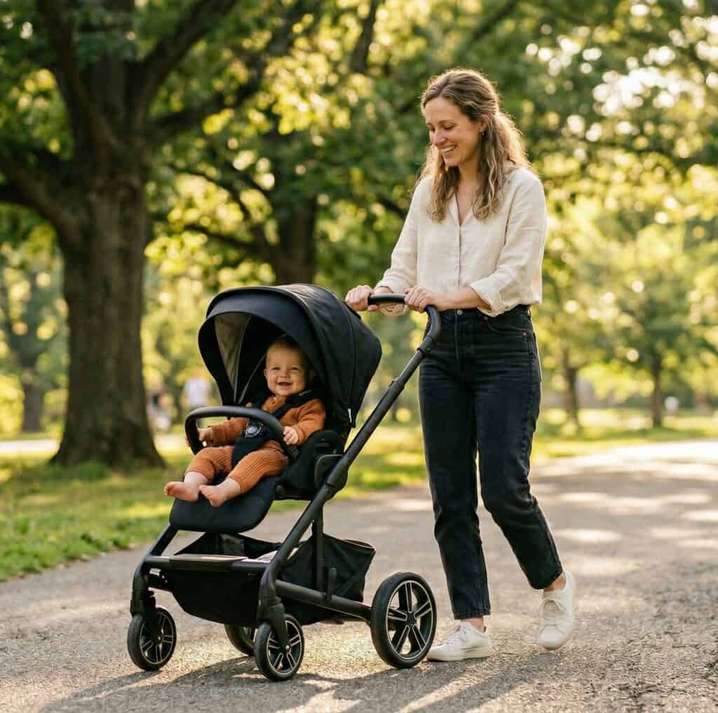 Gear and travel essentials for babies — parent with baby in stroller outdoors