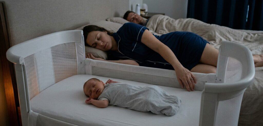 Nighttime master bedroom showing a bedside bassinet with mesh walls attached to the parents' bed with a newborn sleeping safely inside on a separate firm mattress while the mother sleeps on her side facing the baby