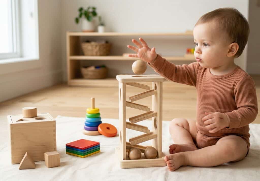 Focused toddler dropping a wooden ball into the top of a Montessori ball drop tower and tracking its path with wide eyes, with a shape sorter and rainbow stacking rings on the play mat beside them