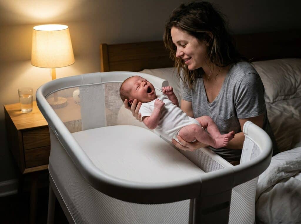 Mother lifting her newborn out of a modern bedside bassinet with lowered side wall in a dimly lit bedroom at 3 AM under warm lamplight with rumpled sheets and a glass of water on the nightstand