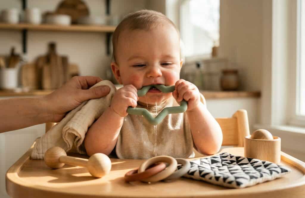 Baby in a high chair gnawing on a sage green silicone teething toy with drool streaming down the chin while wooden rattles, interlocking rings, and a crinkle square sit scattered on the tray in morning kitchen light