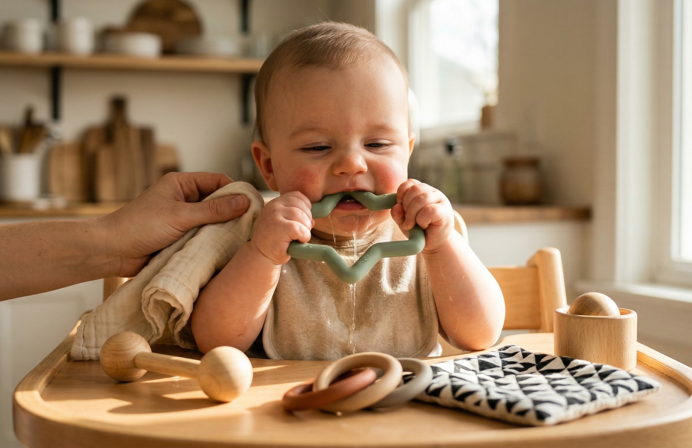 Baby in a high chair gnawing on a sage green silicone teething toy with drool streaming down the chin while wooden rattles, interlocking rings, and a crinkle square sit scattered on the tray in morning kitchen light