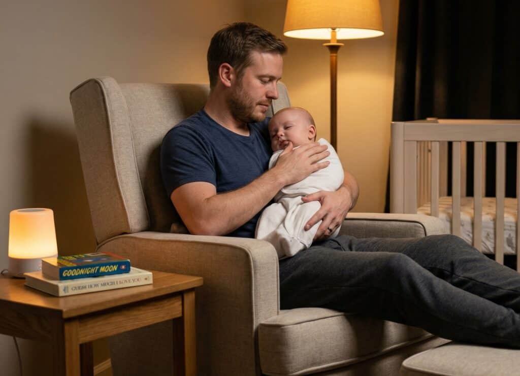 Father gently rocking his drowsy swaddled baby in a nursery glider at bedtime with a white noise machine glowing amber on the side table and a sleep sack draped over the crib rail in the background ready for transfer