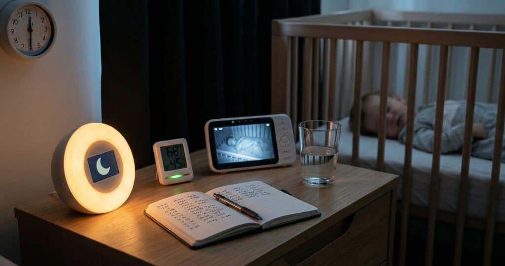 Nursery nightstand organized with sleep training essentials including a room thermometer, OK-to-wake clock showing nighttime mode, handwritten sleep log, and baby monitor with a toddler sleeping in the crib in the soft background
