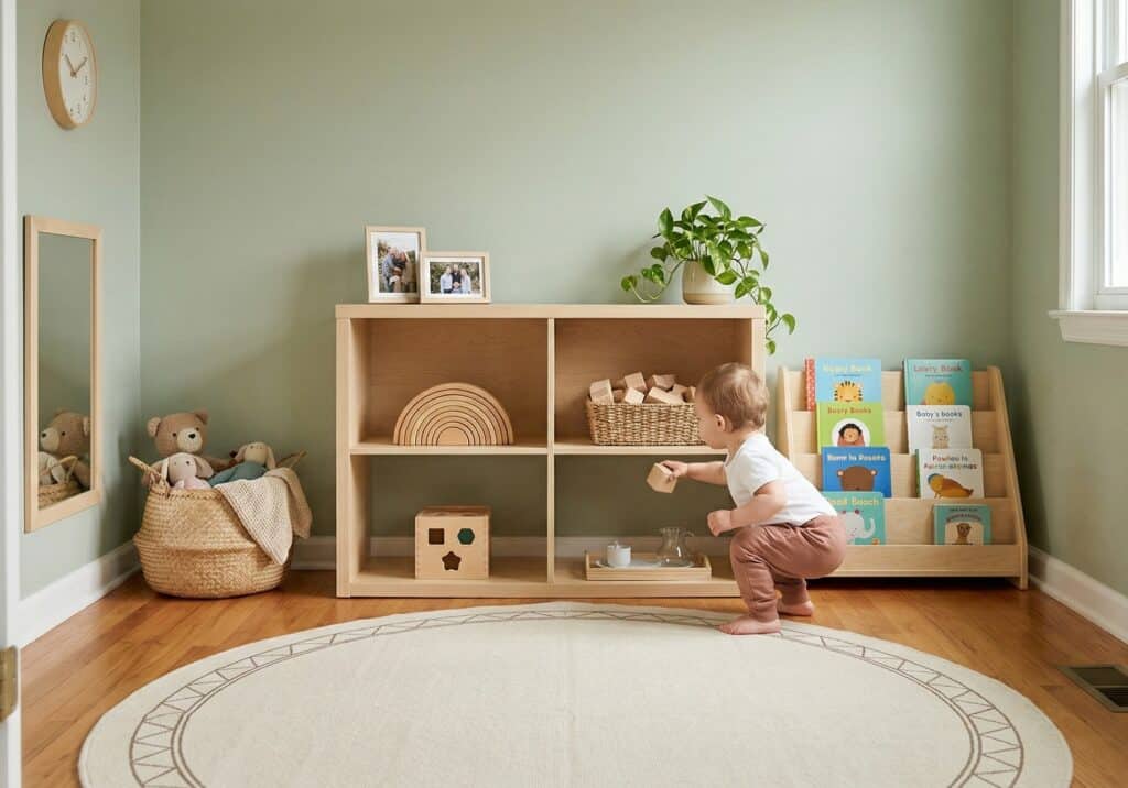 Beautifully organized Montessori playroom with a low birch toy shelf displaying curated activities in each cubby, a forward-facing book rack, and a toddler crouched in front reaching for wooden blocks from a basket on a warm hardwood floor