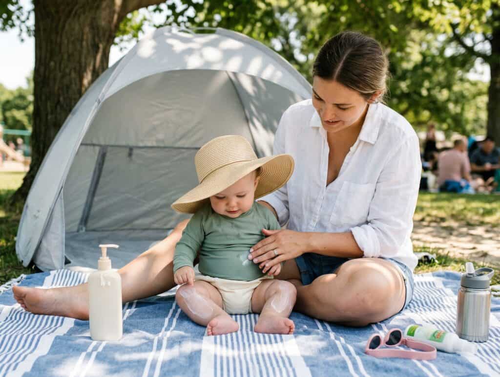 Mother applying white mineral sunscreen to her baby's legs under the shade of a tree at a park with a UPF sun hat on the baby and a pop-up UV tent and insect repellent on the blanket beside them
