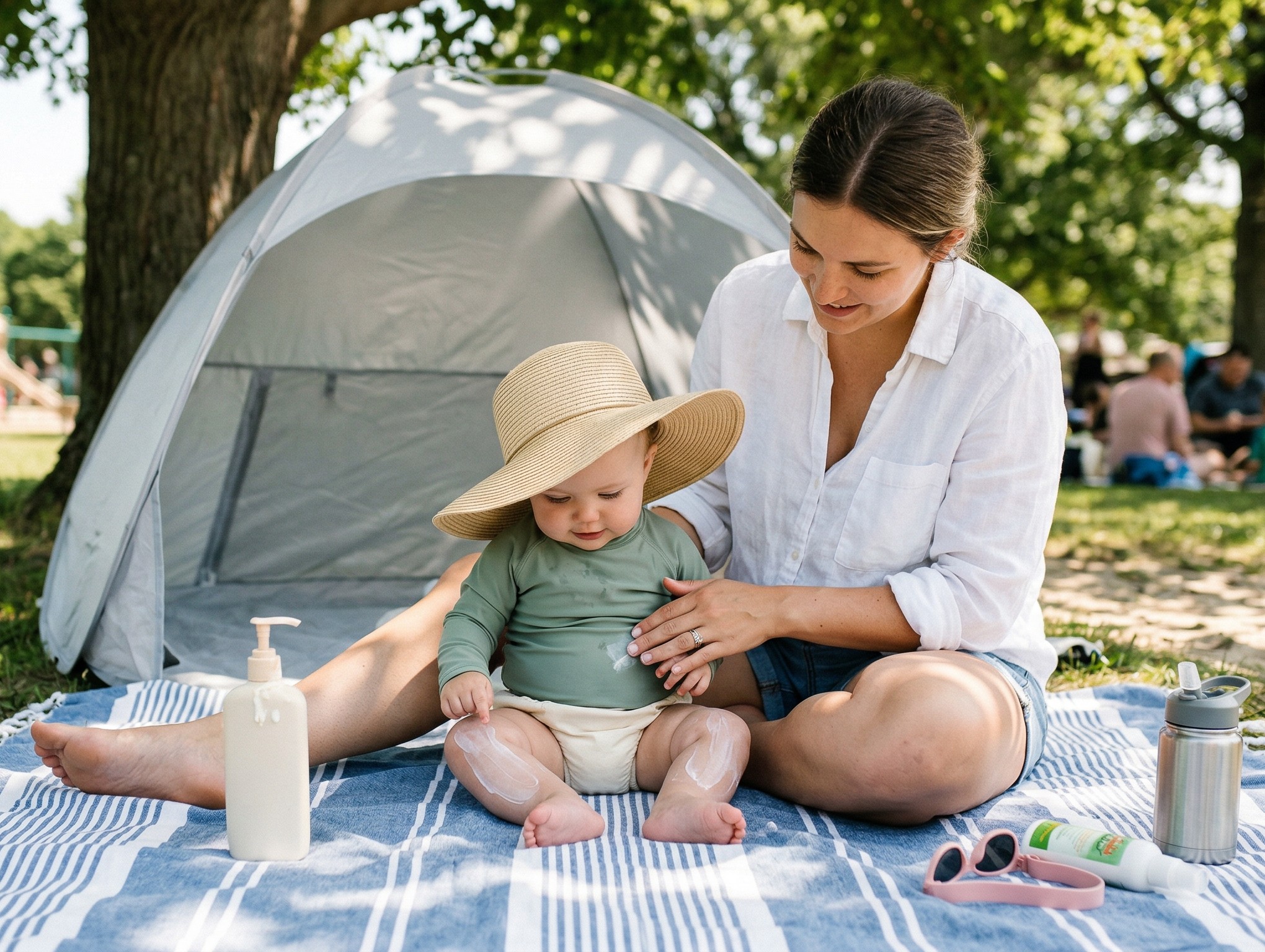 Mother applying white mineral sunscreen to her baby's legs under the shade of a tree at a park with a UPF sun hat on the baby and a pop-up UV tent and insect repellent on the blanket beside them