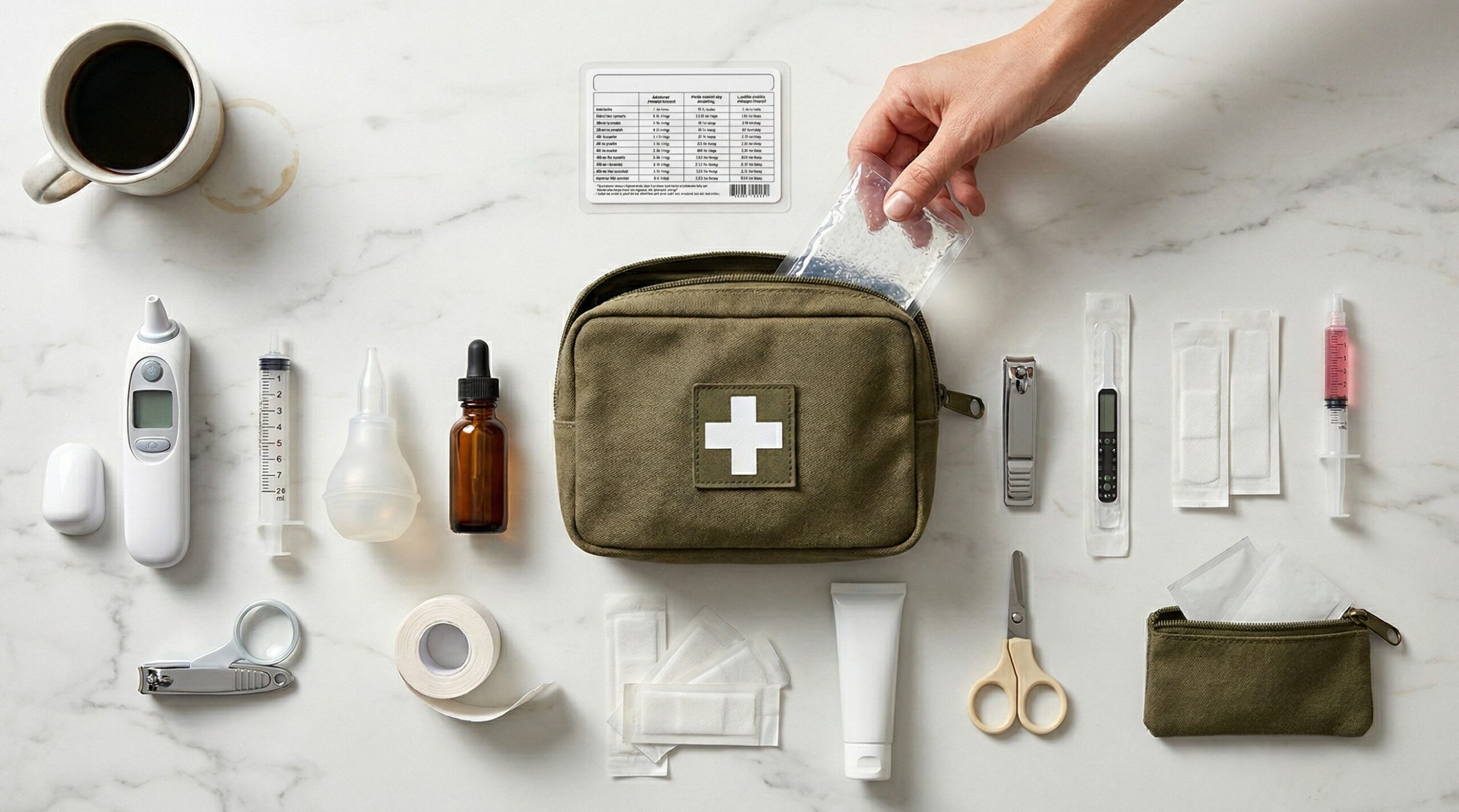 Overhead view of a complete baby first aid kit laid out on a white marble countertop including a digital thermometer, nasal aspirator, medicine syringe, saline drops, and adhesive bandages