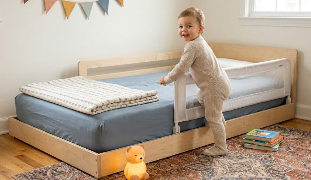 Toddler climbing independently into a low Montessori floor bed with birch frame and mesh side rail, looking back with a proud grin, wearing waffle-knit footed pajamas in a bright cheerful bedroom with morning light