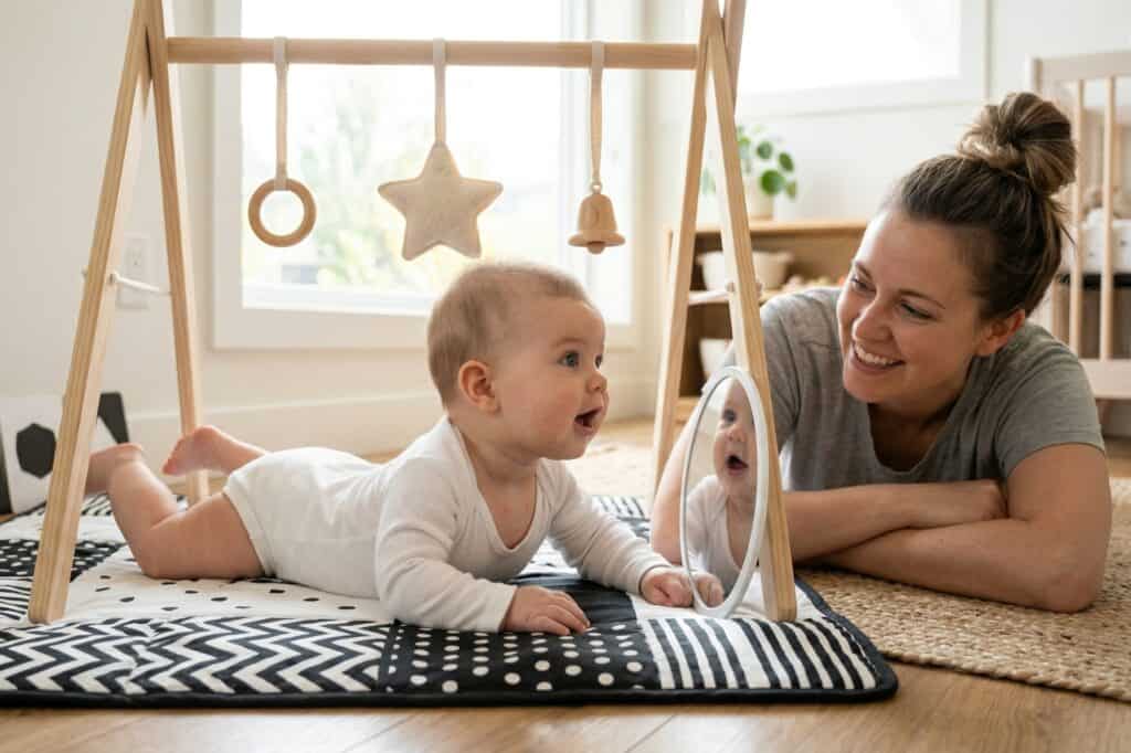 Three-month-old baby during tummy time on a high-contrast black and white sensory mat looking at their reflection in a floor mirror beneath a wooden play gym while mother lies beside them encouraging from floor level