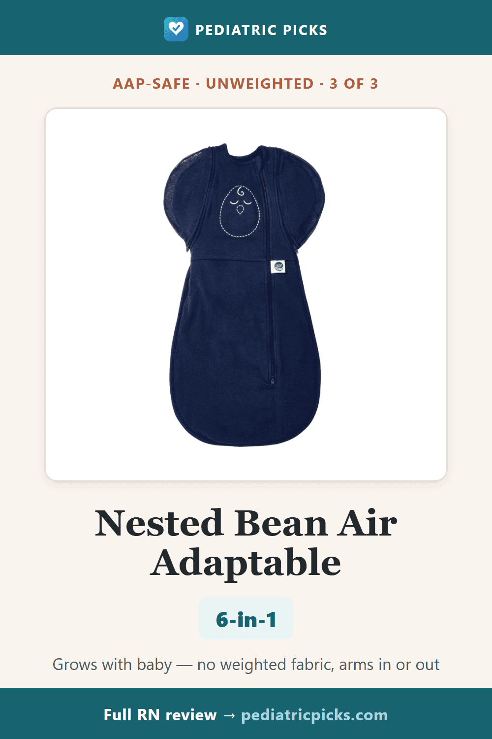 Nested Bean Air 6-in-1 — best AAP-safe unweighted swaddle-transition sleep sack, reviewed by a pediatric RN